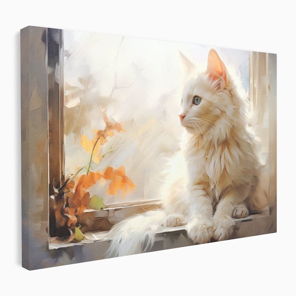 Tablou canvas cu tablou canvas cu pisica alba la fereastra, fara rama, pe sasiu de lemn